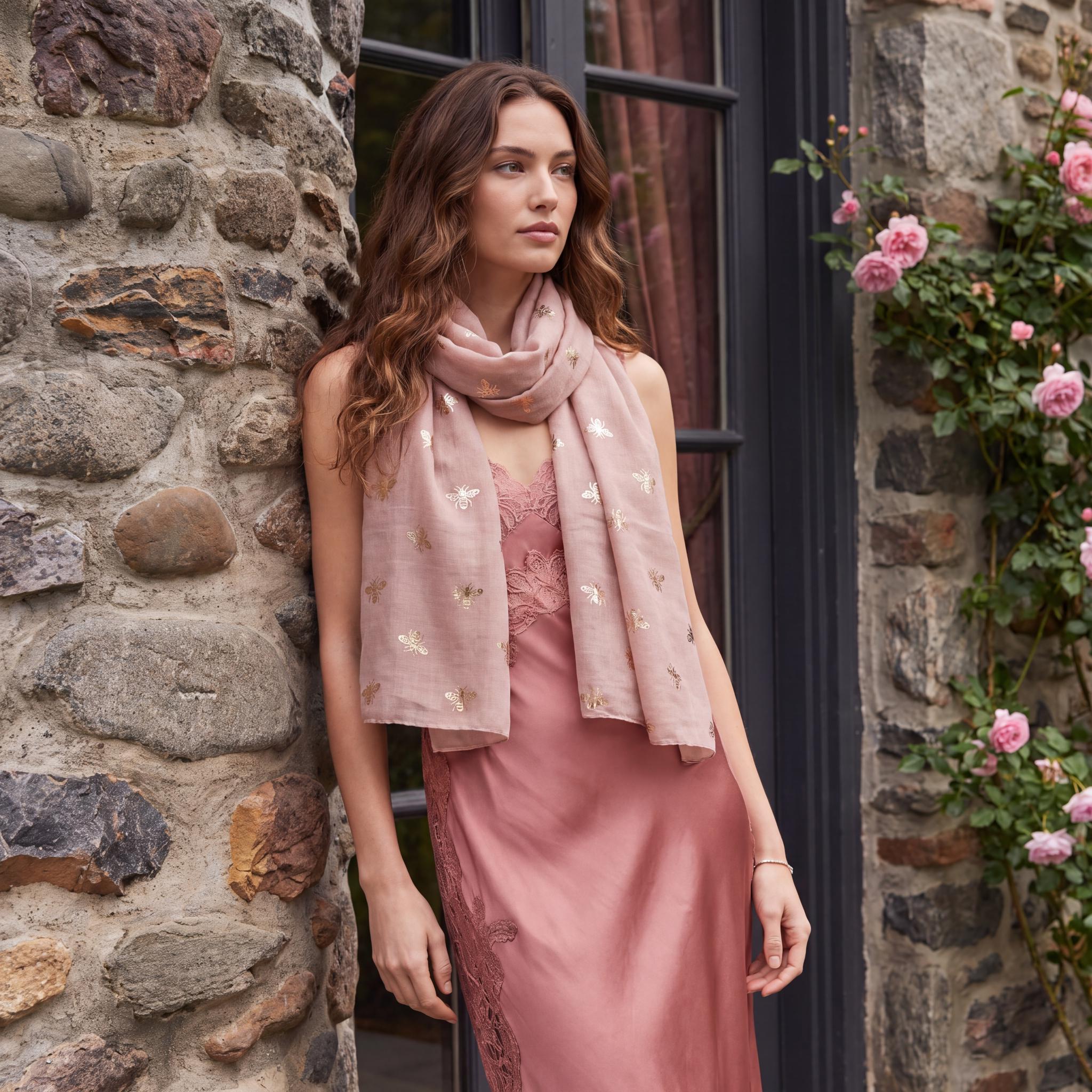 Dusky Pink Scarf with Rose Gold Foil Bee Design