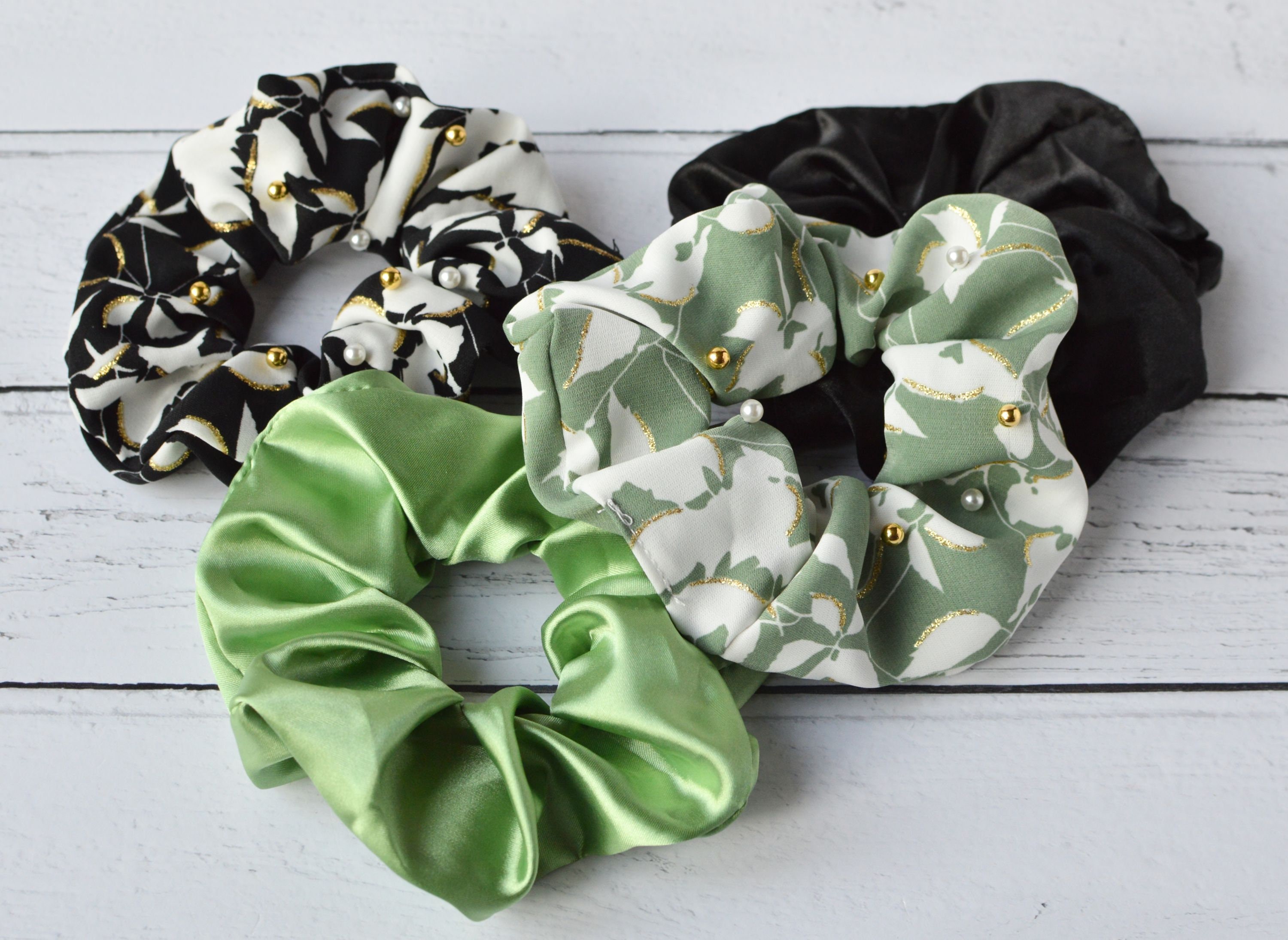 Scrunchies Set Floral Beaded & Plain Silky Satin Hair Ties Set of 4