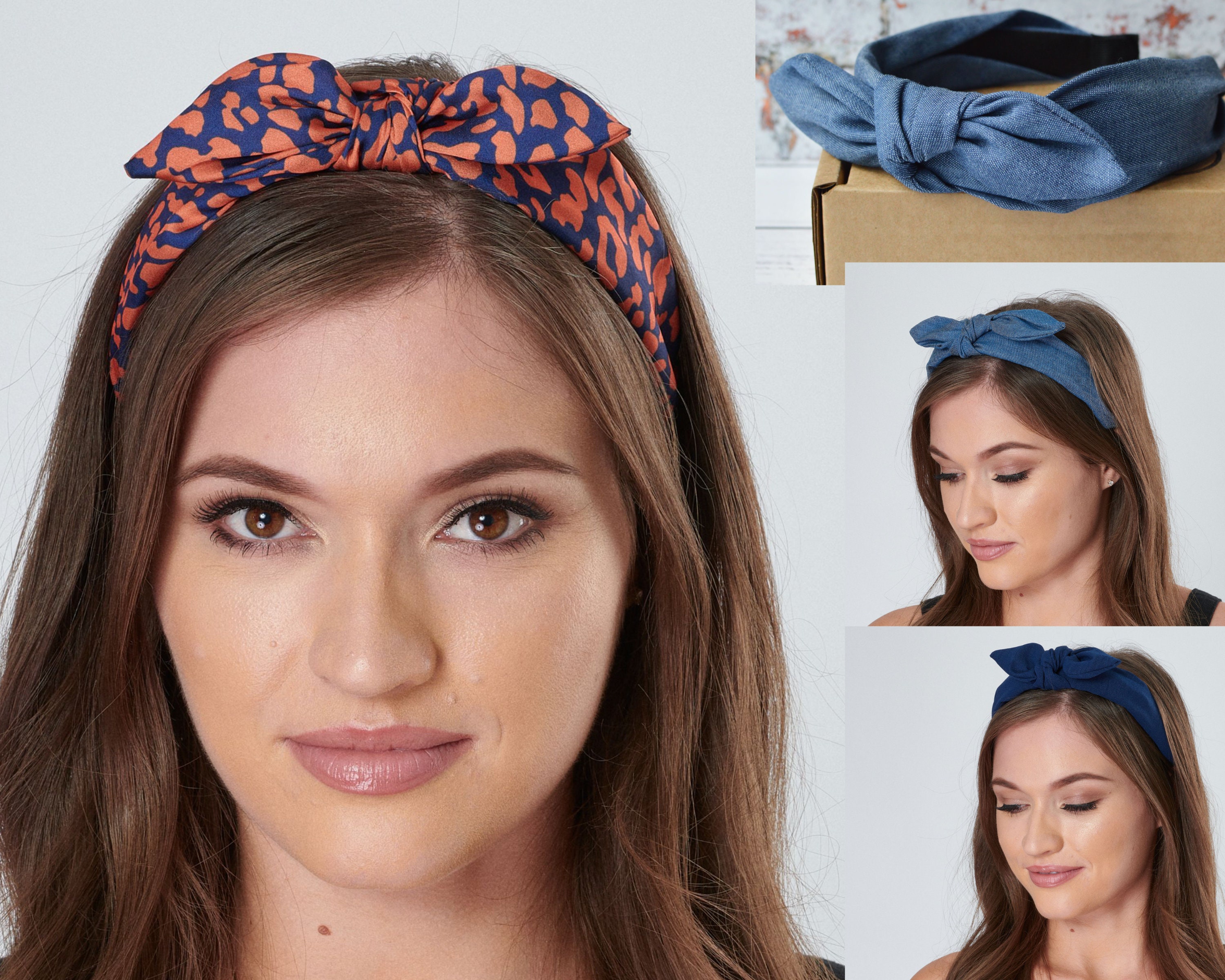 Bow Headband Women Top Knot Leopard Denim and Navy Blue Rigid Hair band