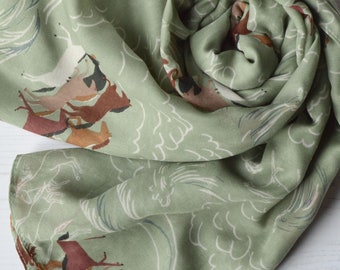 Light Scarf Large Soft Sage Green Wrap with Printed Horse Design