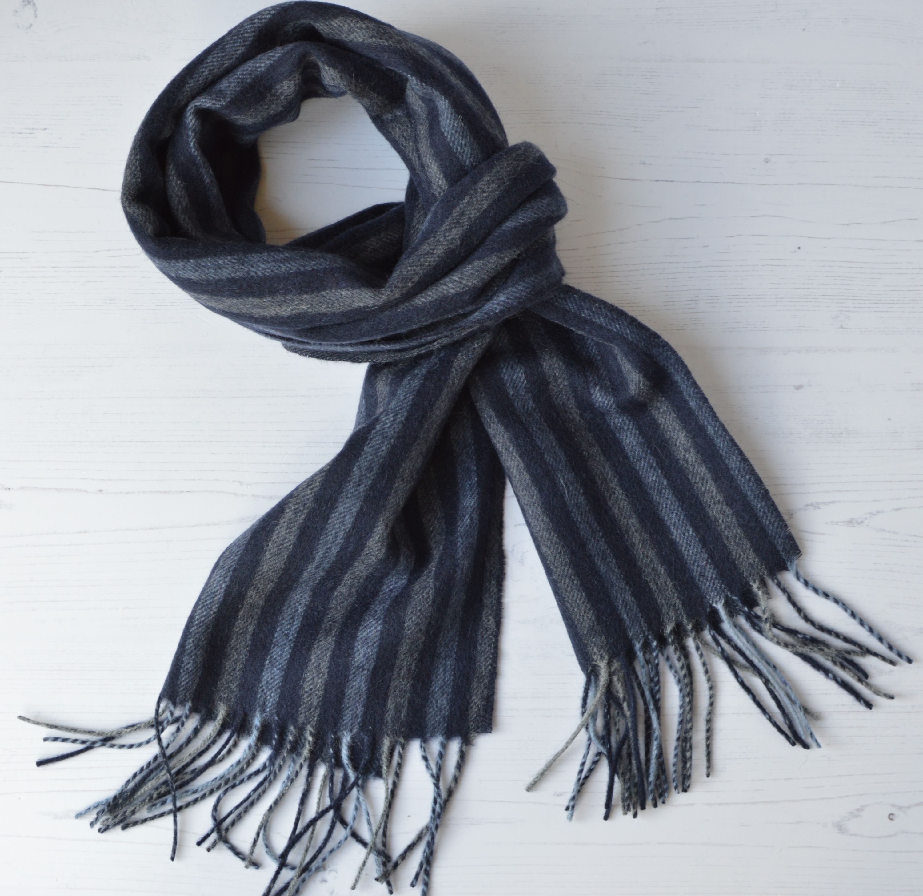 Mens Striped Scarf Pure Wool Unisex Navy Blue Grey Vertical Etsy