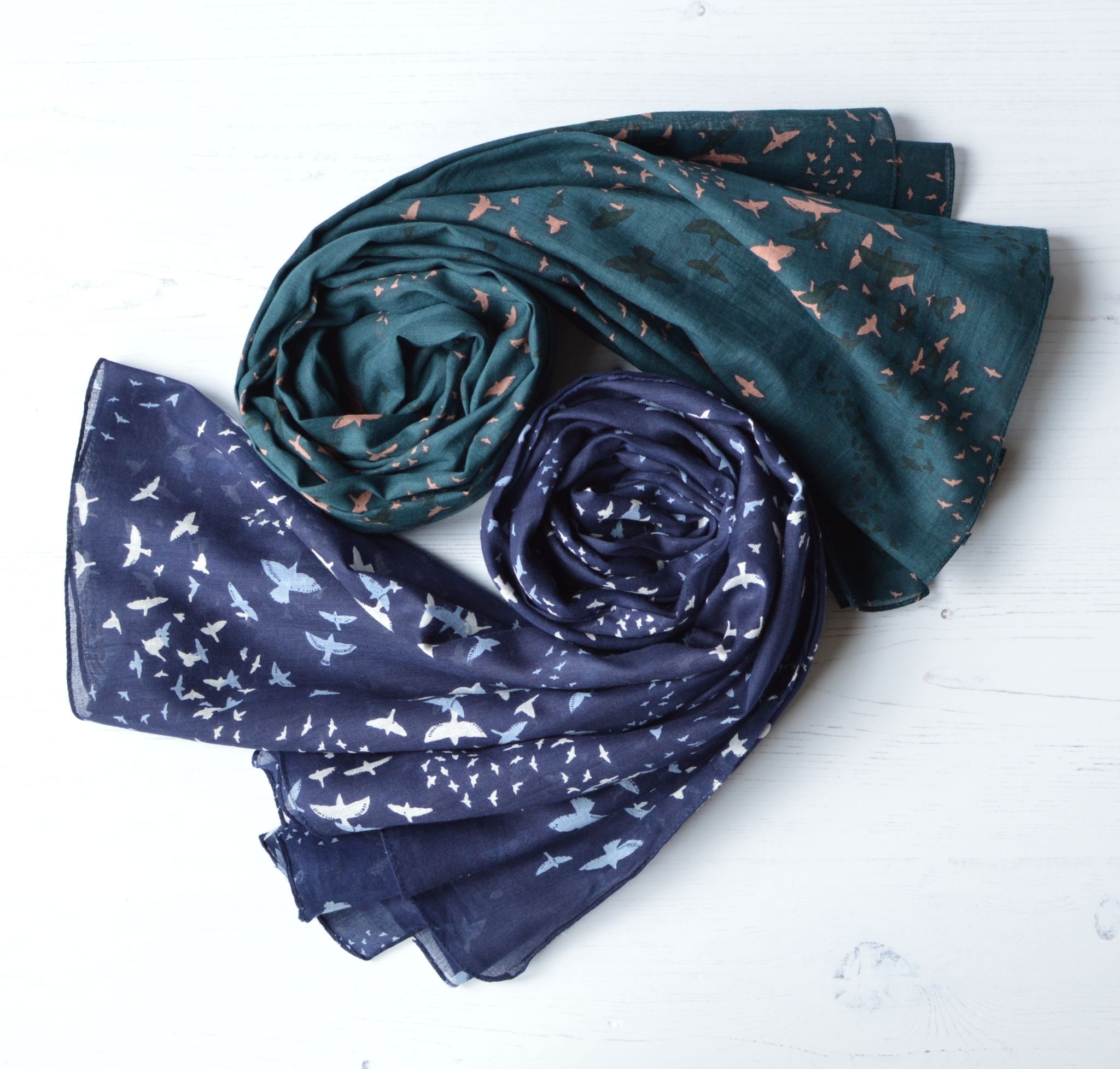 Organic Cotton Large Dark Blue Scarf with Murmuration of Starlings