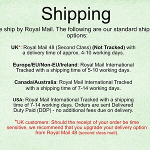 May include: Text on a light green background reads "Shipping" in large black letters. Below, it details shipping options via Royal Mail, including delivery times for the UK, Europe, Canada, Australia, and the USA.