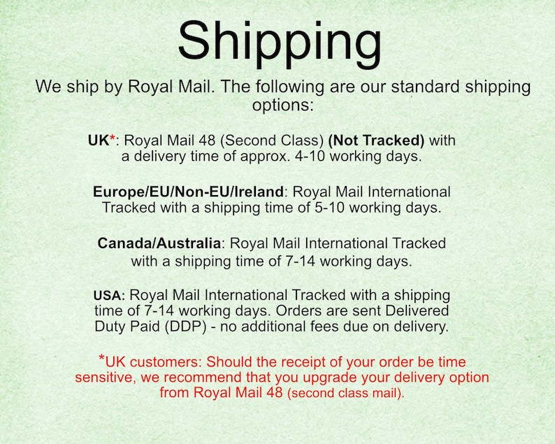 May include: Text on a light green background reads "Shipping" in large black letters. Below, it details shipping options via Royal Mail, including delivery times for the UK, Europe, Canada, Australia, and the USA.