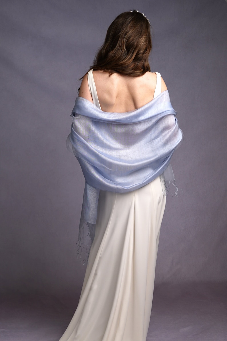 Sophia Pale Blue Organza and Crepe Silk/Viscose Tasselled Bridal Bridesmaid Special Occasion Wrap image 1