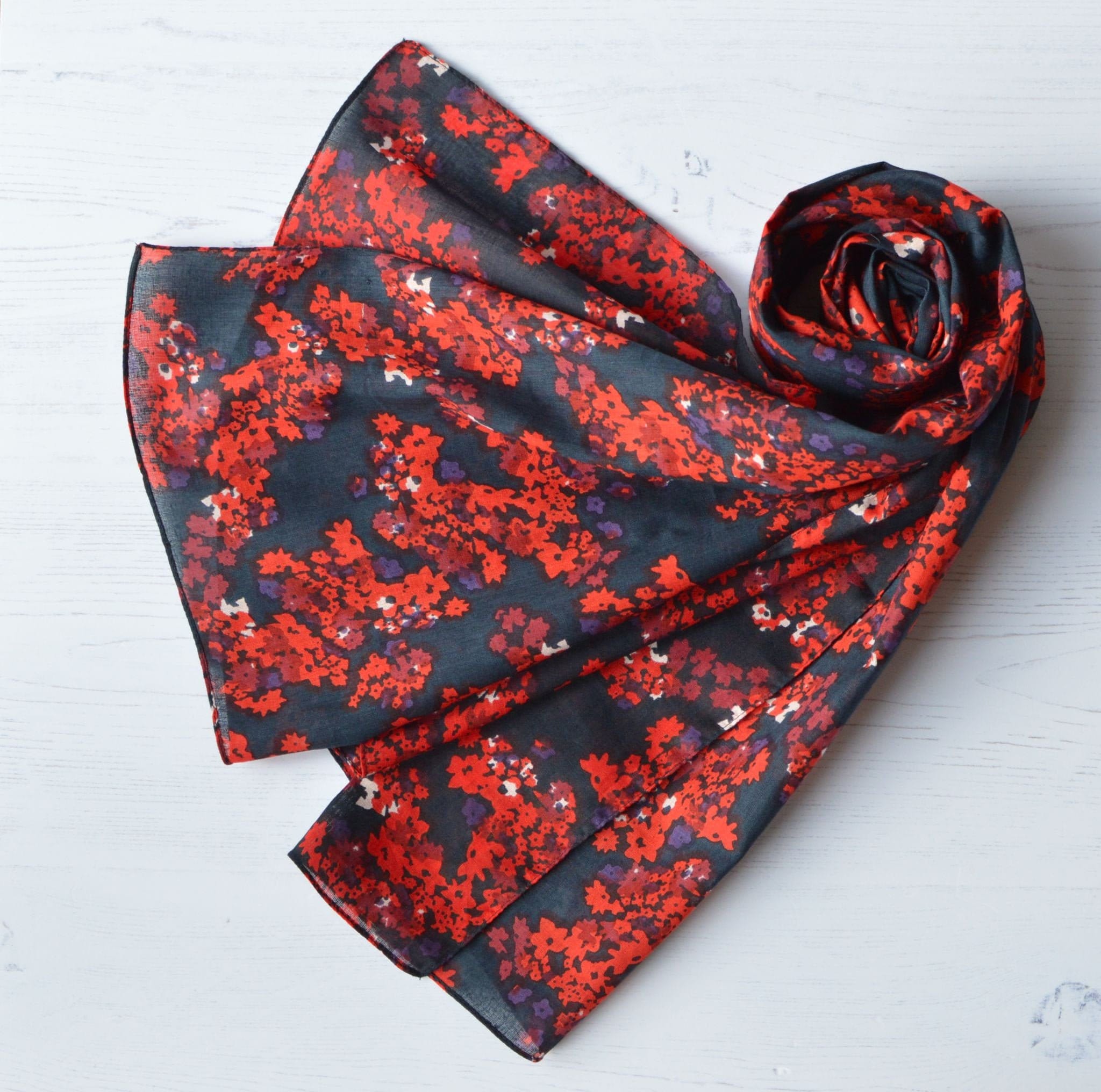 Organic Cotton Scarf Women's Red Ditsy Floral Wrap With Etsy UK