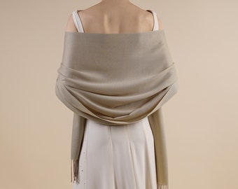 Seconds Sale April Beige Pashmina Soft Light Weight Large Special Occasion Wrap with Tassels