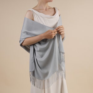 April Silver Grey Pashmina Soft Light Weight Large Special Occasion Wrap with Tassels image 2