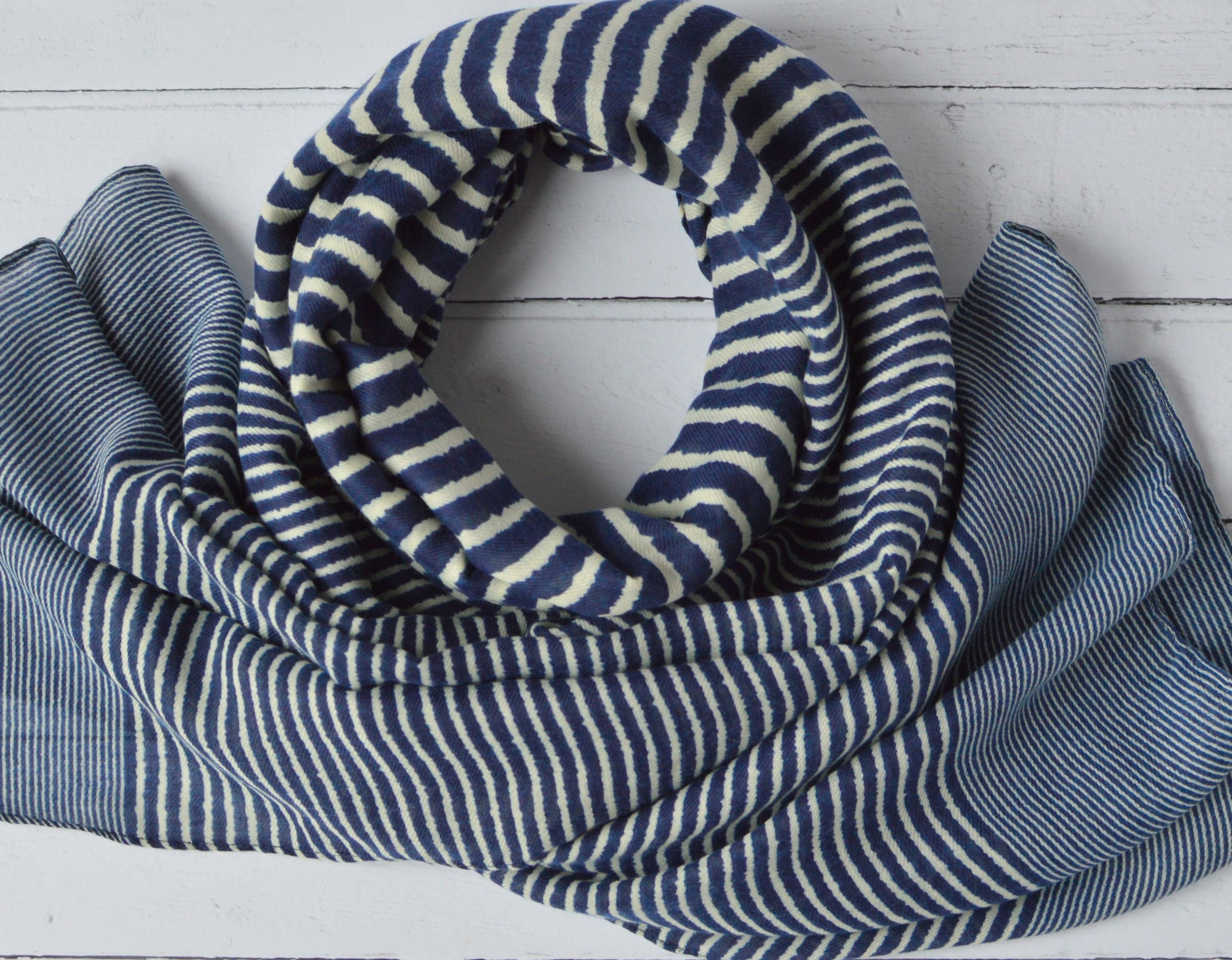 Striped Scarf Navy Blue and White Large Soft Light Weight Scarf or Sarong