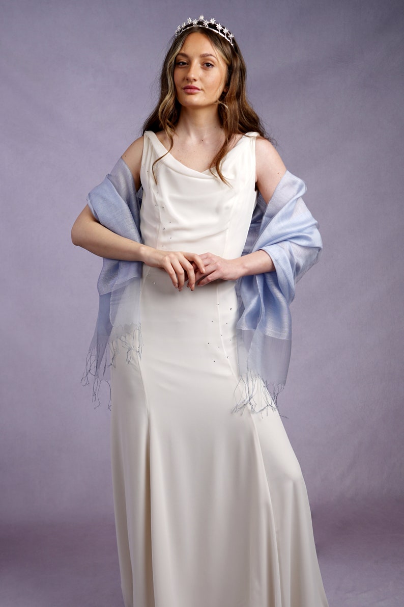 Sophia Pale Blue Organza and Crepe Silk/Viscose Tasselled Bridal Bridesmaid Special Occasion Wrap image 3