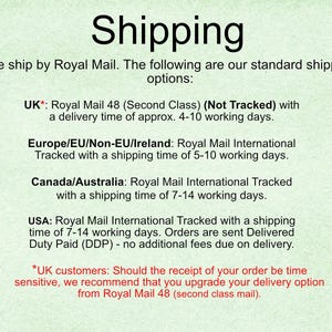 May include: A light green informational sign with black text titled Shipping. It outlines delivery services via Royal Mail for the UK, Europe, Canada, Australia, and the USA, including estimated working days and tracking details for each region.