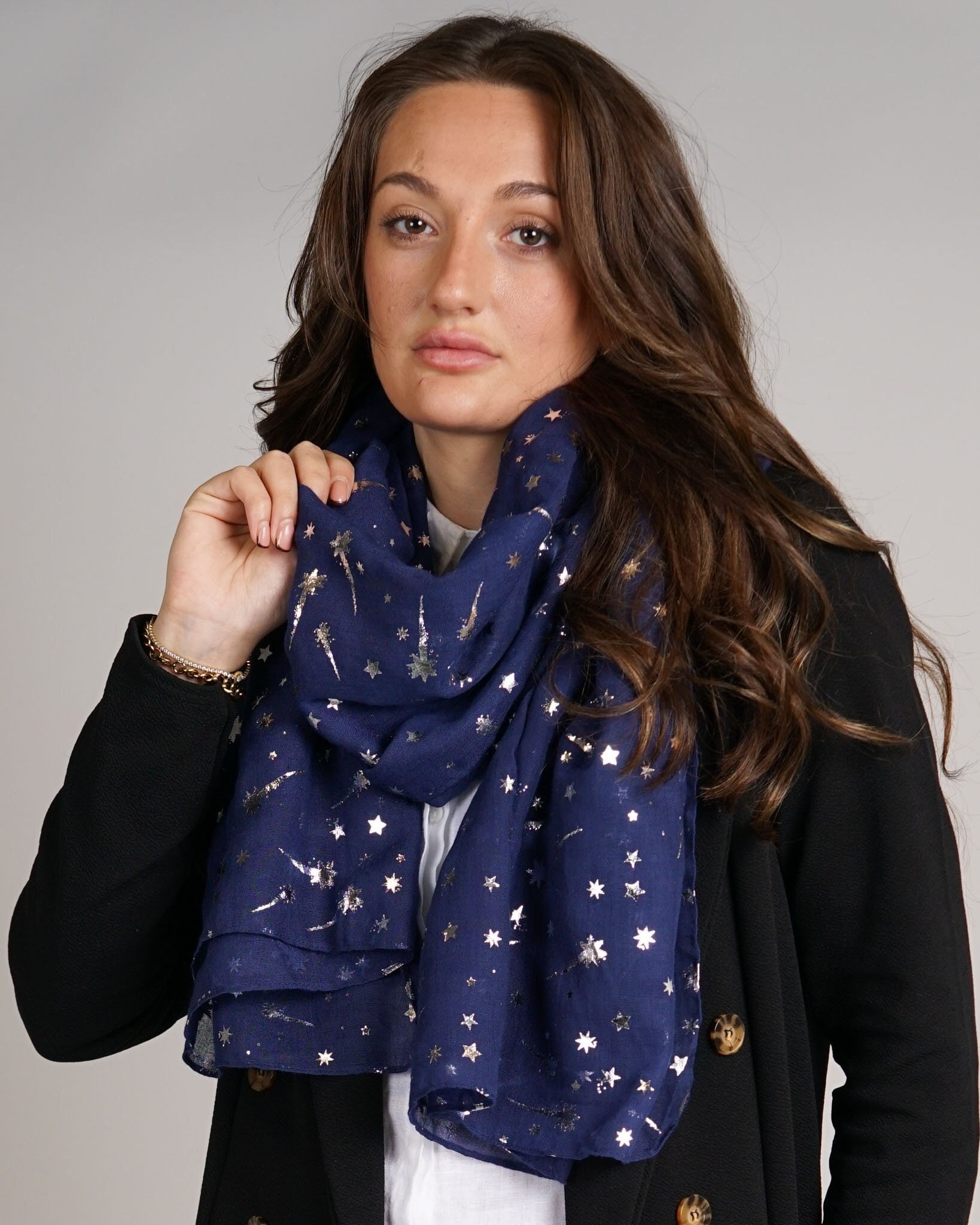 Shooting Stars Scarf Navy Blue Light Weight Wrap with Metallic Silver Foil Celestial Design