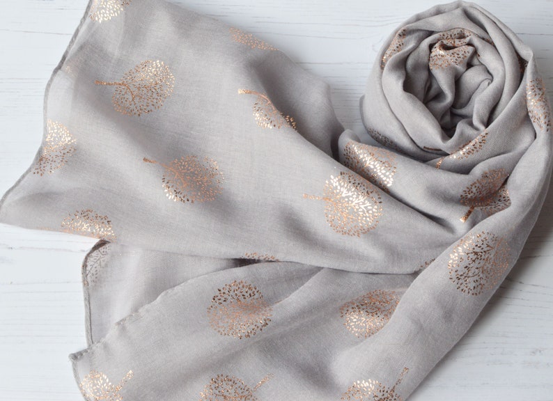 Tree of Life Scarf Light-Grey Soft Scarf with Rose Metallic Foil Tree Design image 2