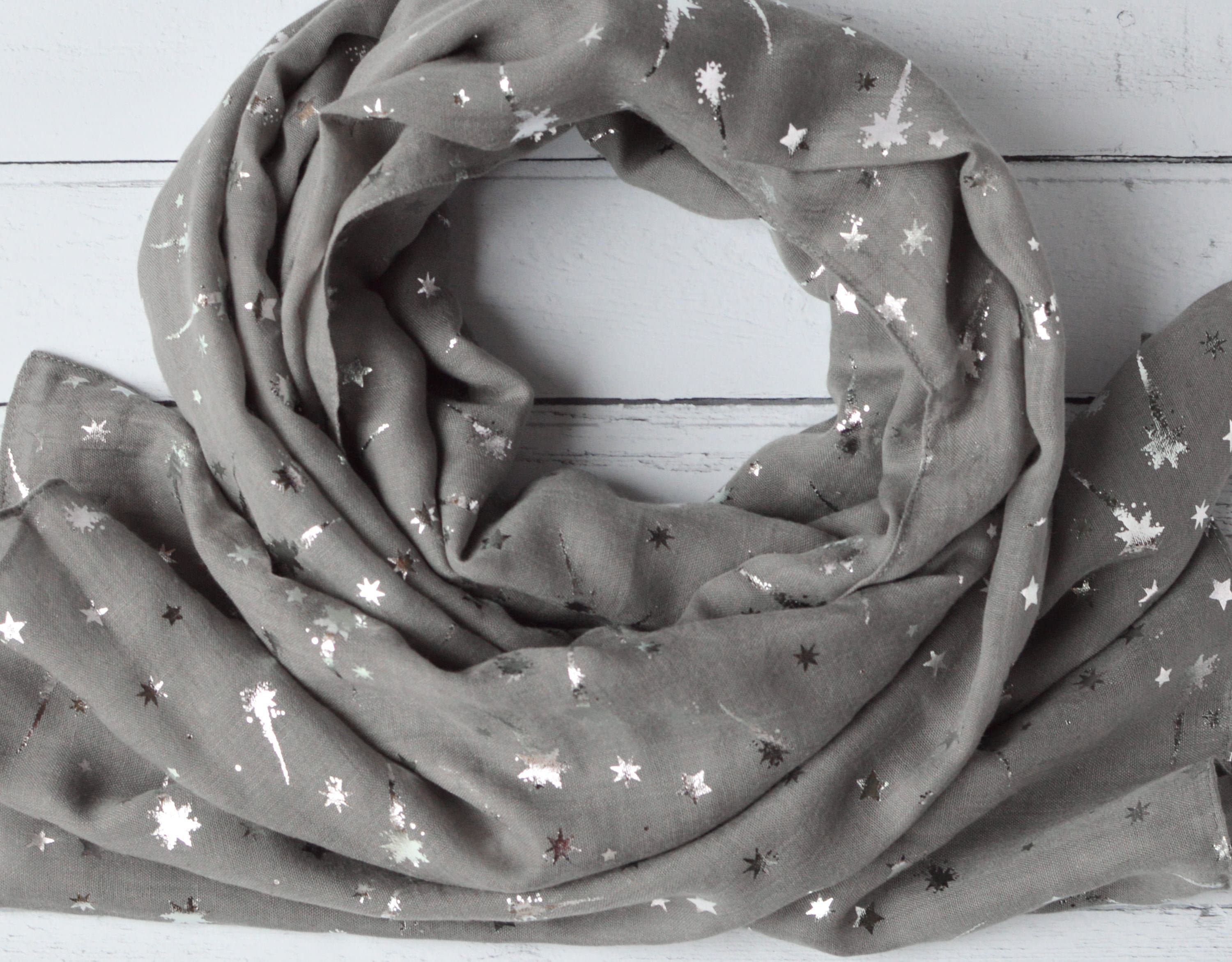 Shooting Stars Scarf Navy Blue Light Weight Wrap with Metallic Silver Foil Celestial Design