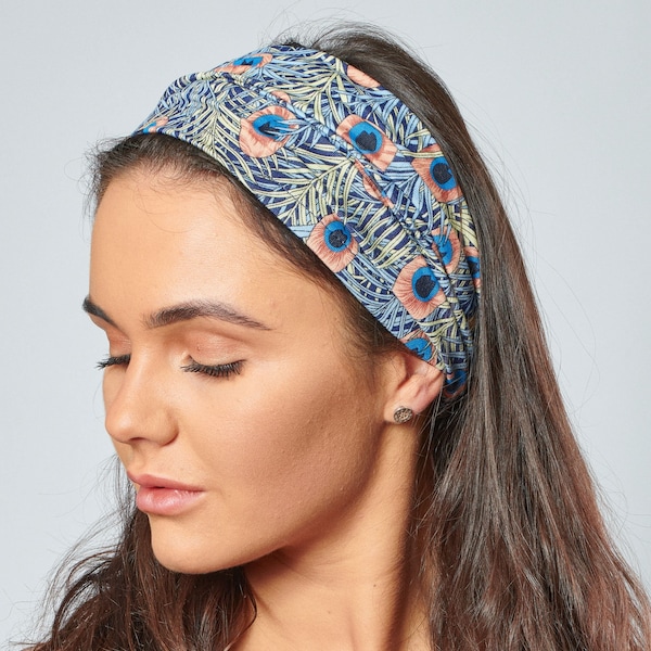 Fascia per capelli da donna Bandana elastica e comoda con stampa di piume di pavone stile Liberty