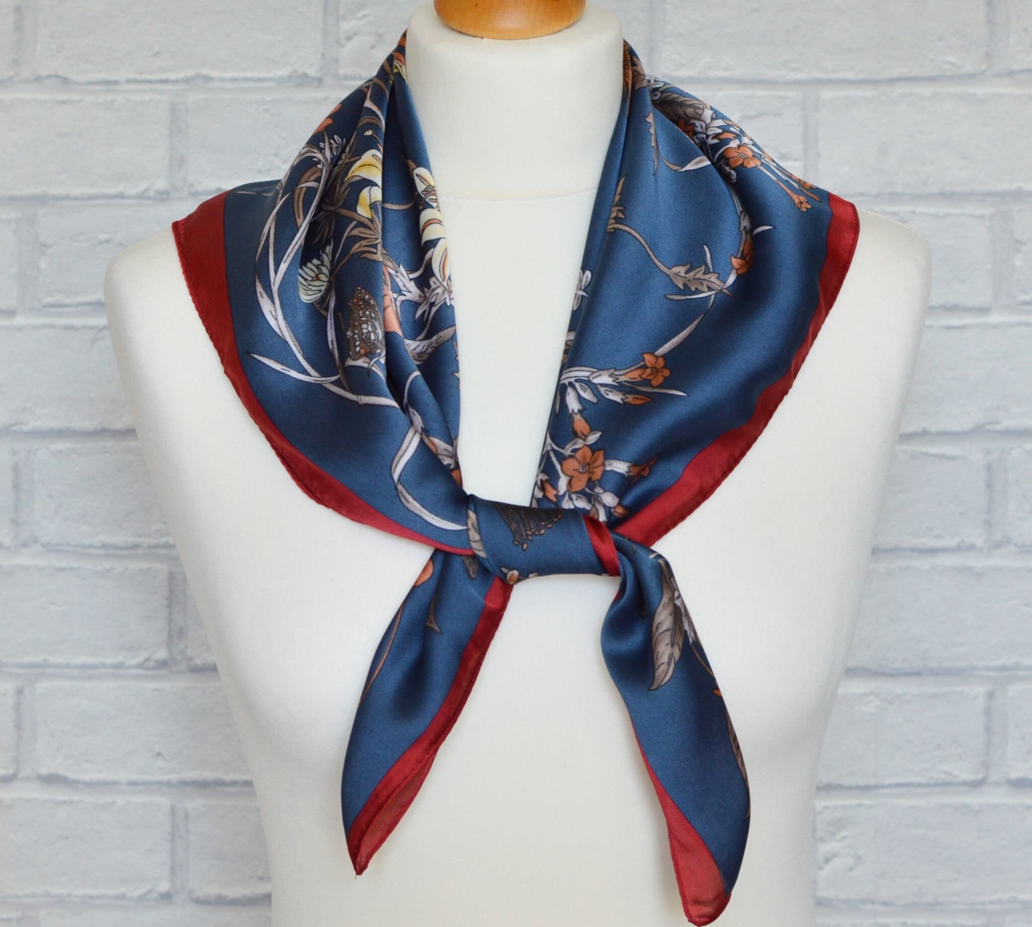 Seconds Sale Floral Silky Head Scarf Blue and Red Flower Blossom Square