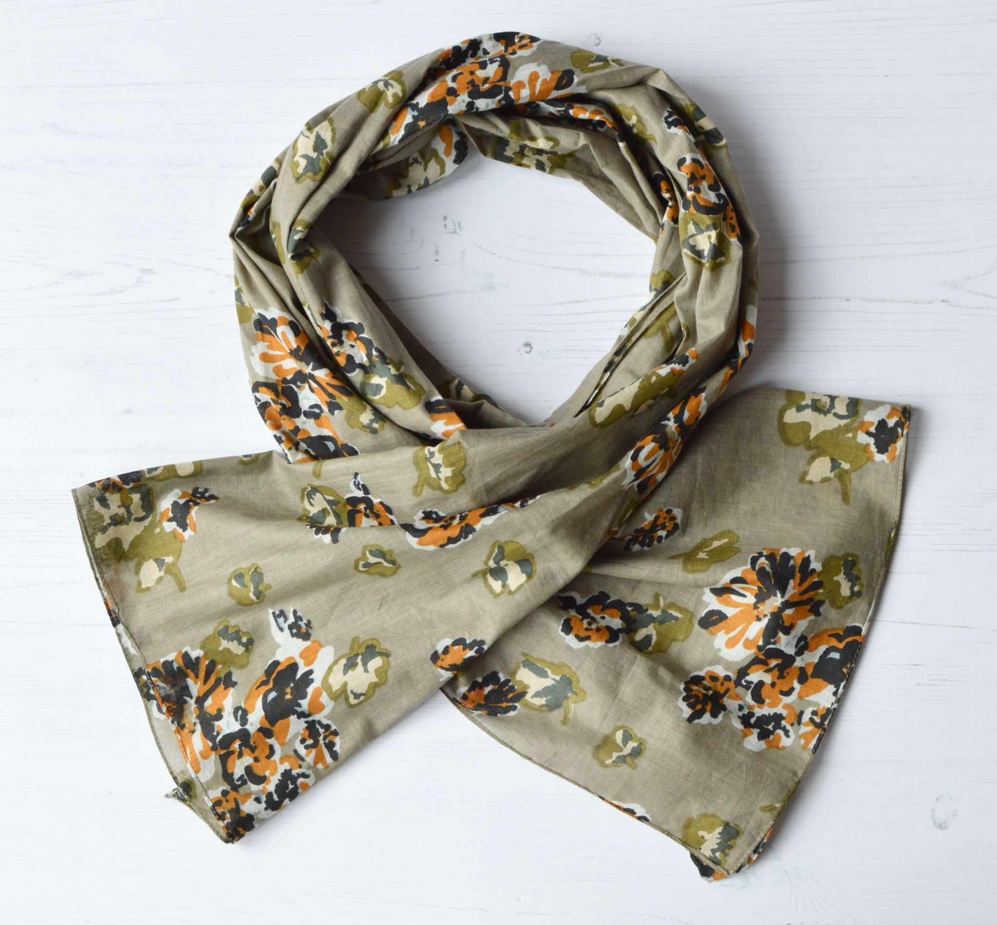 Organic Cotton Scarf Women's Khaki Green Floral Wrap Etsy