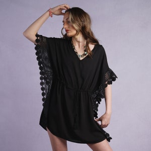 Marina Kaftan Black Drawstring Holiday or Beach Cover up with Lace Panels