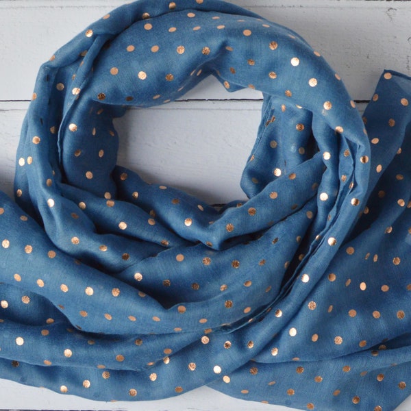 Écharpe à pois bleu denim avec pois en feuille métallisée or rose