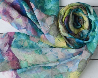 Abstract Floral Scarf Brush Stroke Watercolour Blue Pink Green Turquoise Wrap