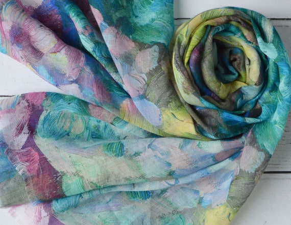 【eL×ONE】Flower Large Scarf Big Silk Scarf - Extra Long Scarf - Handpainted Silk Scarves