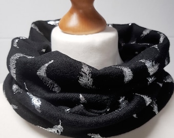 Black Snood with Silver Metallic Feather Foil Print Verity Fine Knit Lightweight Neck warmer