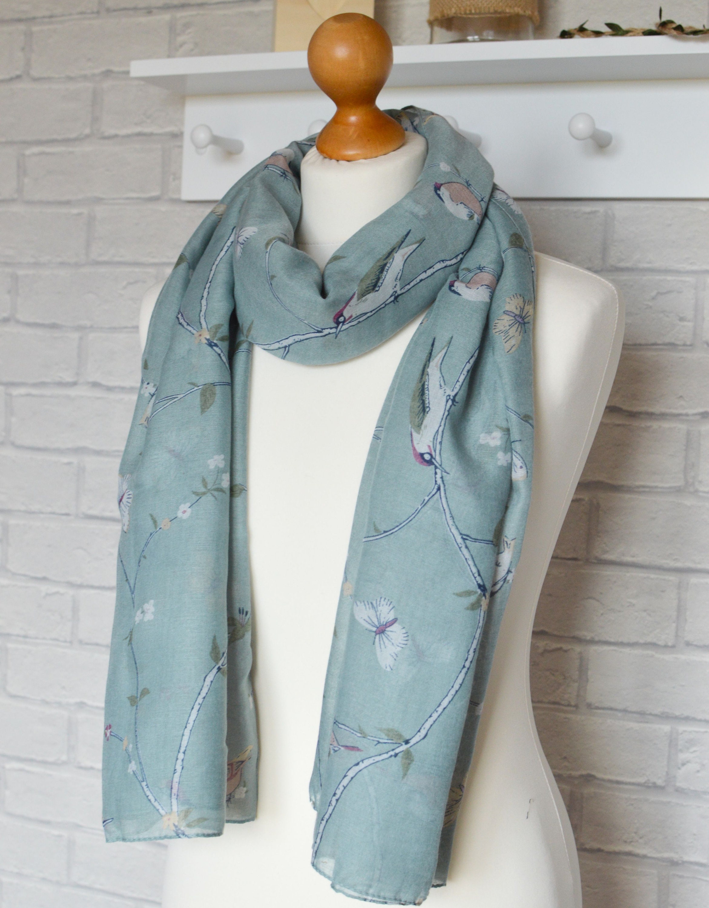 Bird Scarf Large Pale Teal Wrap with Woodpecker and Butterfly Print