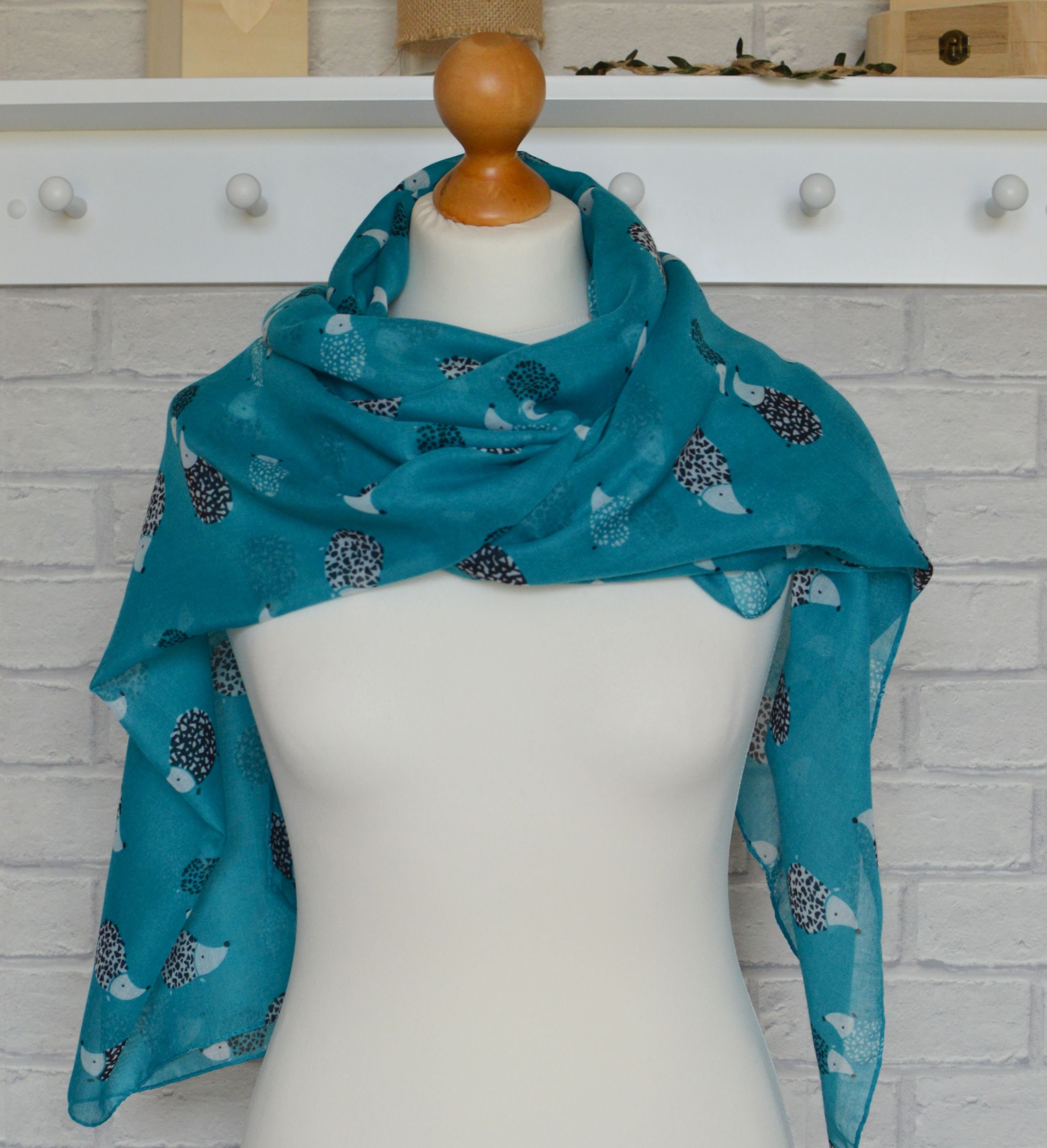 Hedgehogs Scarf Turquoise Blue Green Large Soft Animal Print Wrap