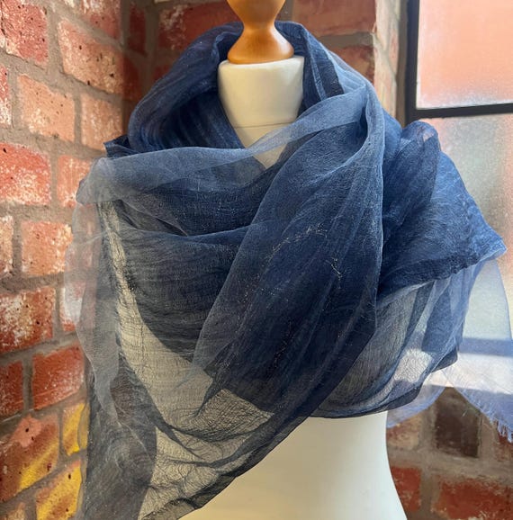 Organza and Crepe Scarf Dark Blue with Gold Thread Detail