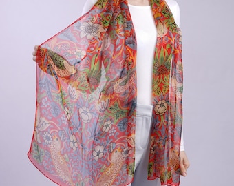 Red Silk Scarf William Morris Strawberry Thief Neck or Head Scarf Light Chiffon Wrap