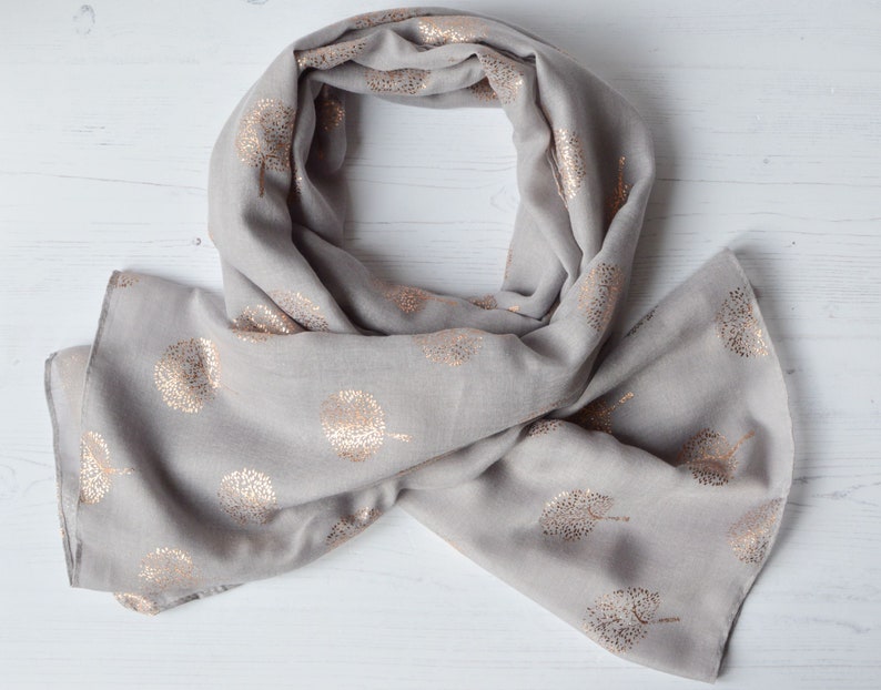 Tree of Life Scarf Light-Grey Soft Scarf with Rose Metallic Foil Tree Design image 5