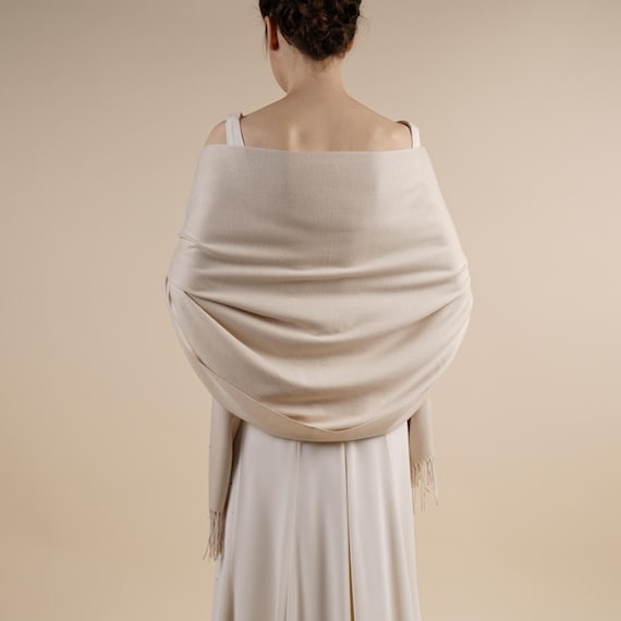 Beige Pashmina Drew Super Soft Medium Weight Large Special Occasion Wrap with Tassels