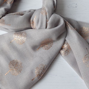 Tree of Life Scarf Light-Grey Soft Scarf with Rose Metallic Foil Tree Design image 6