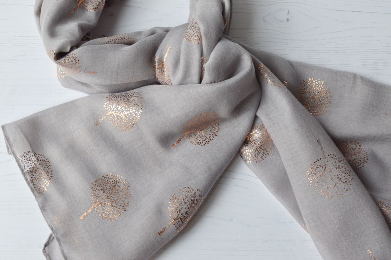 Tree of Life Scarf Light-Grey Soft Scarf with Rose Metallic Foil Tree Design image 6