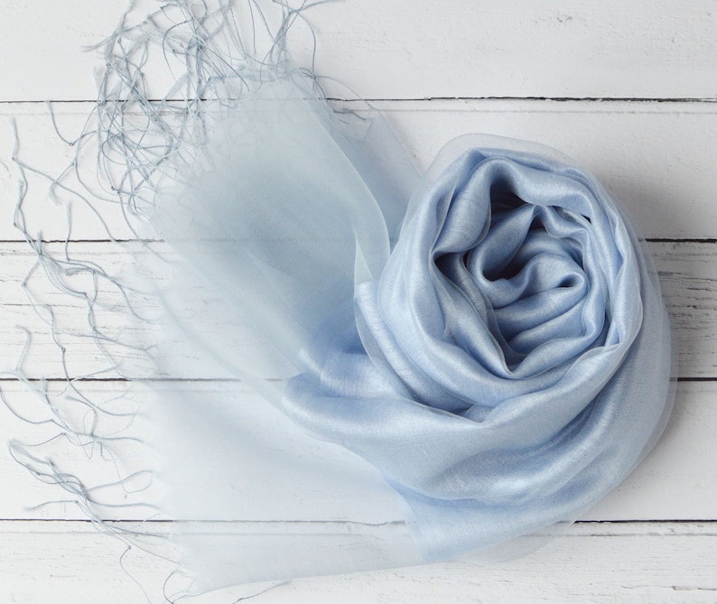 Sophia Pale Blue Organza and Crepe Silk/Viscose Tasselled Bridal Bridesmaid Special Occasion Wrap image 4