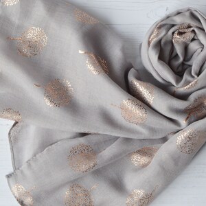 Tree of Life Scarf Light-Grey Soft Scarf with Rose Metallic Foil Tree Design image 7