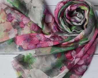 Abstract Floral Scarf Brush Stroke Watercolour Pink Green Grey Wrap