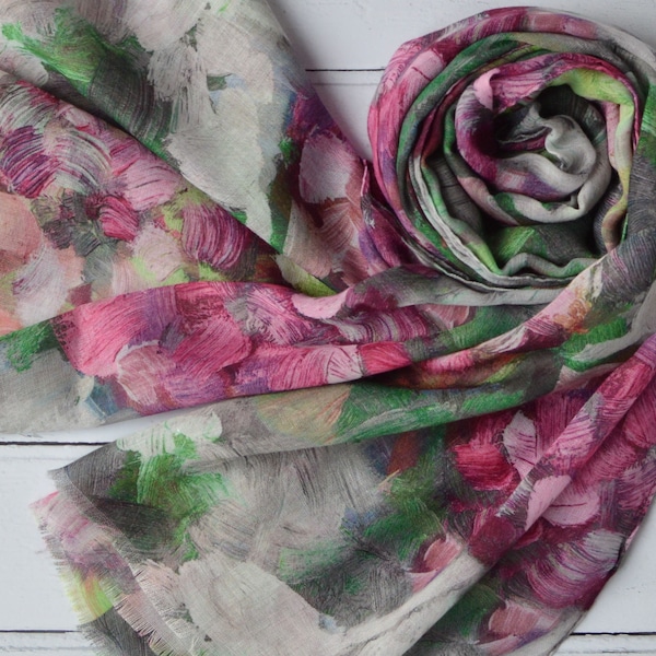 Abstract Floral Scarf Brush Stroke Watercolour Pink Green Grey Wrap