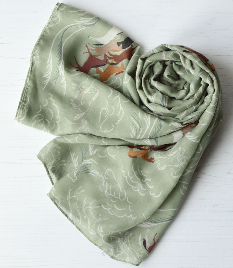 Light Scarf Large Soft Sage Green Wrap With Printed Horse Etsy UK