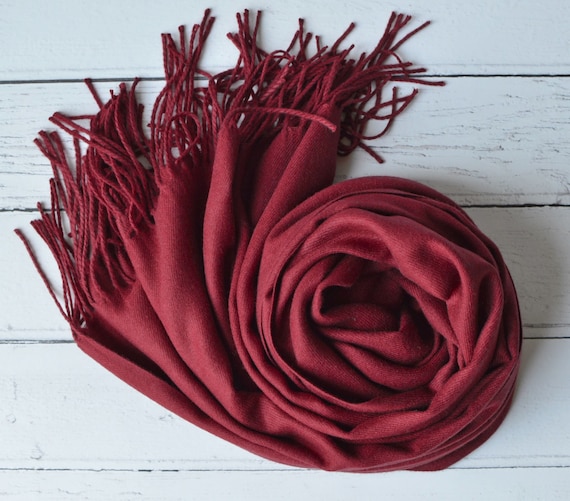Red Wine Pashmina Drew Medium weight Super Soft Large Special Occasion Wrap with Tassels