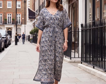 Navy Paisley Dress, Polyester with Copper Foil, V Neck Tie Waist, Butterfly Sleeves and Pockets