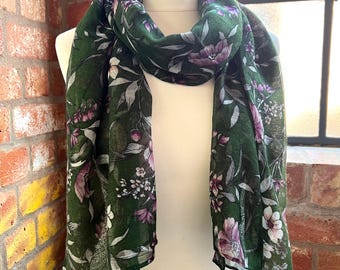 Green Floral Scarf Large Voile Wrap with Pink Purple Flowers