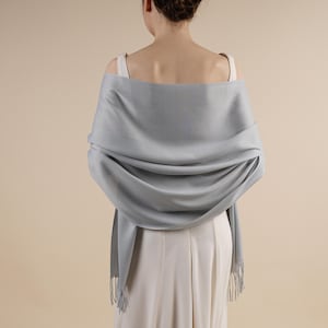 April Silver Grey Pashmina Soft Light Weight Large Special Occasion Wrap with Tassels image 1