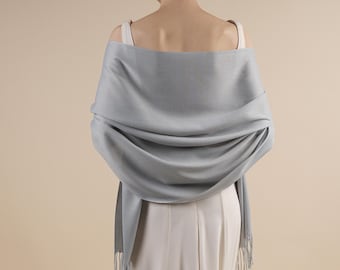 April Silver Grey Pashmina Soft Light Weight Large Special Occasion Wrap with Tassels