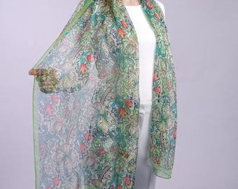 Green Silk Scarf Neck or Head Scarf Light Chiffon Wrap The Golden Lily Collection Lily Flowers Stems and Tendrils