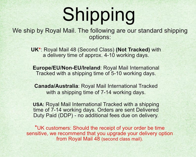 May include: Text on a light green background reads "Shipping" in large black letters. Below, it details shipping options via Royal Mail, including delivery times for the UK, Europe, Canada, Australia, and the USA.