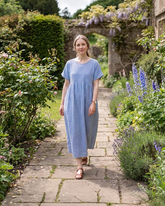 Blue Gingham Check Dress | Martina Short Sleeve Cotton Seersucker Oversized Dress