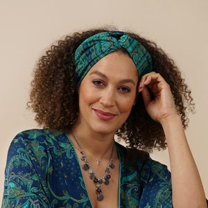 Twisted Knot Headband in a Silky Jade & Blue Paisley Print
