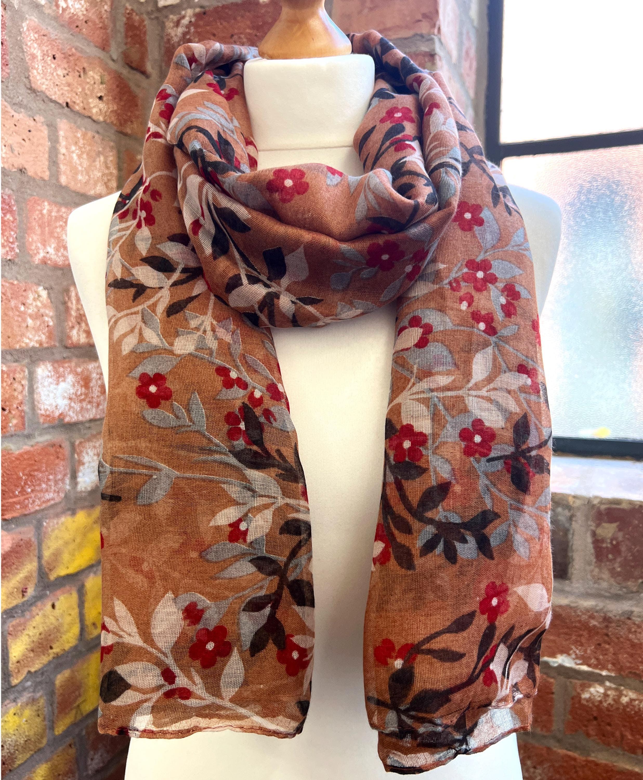 Floral Scarf Large Brown Rust Voile Wrap With Leaves Stems and