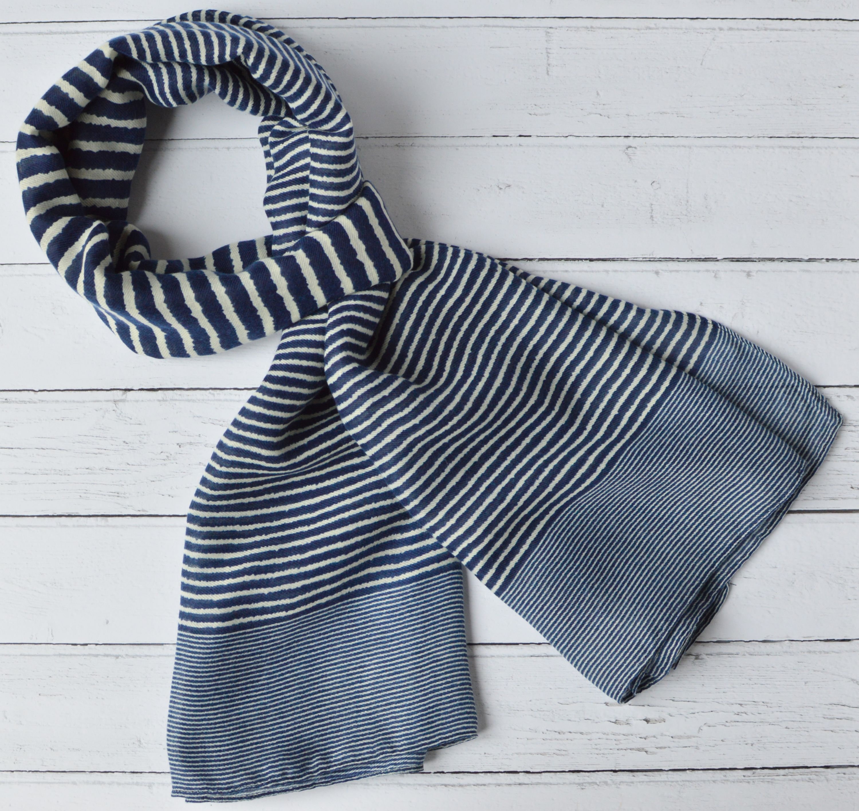 Striped Scarf Navy Blue and White Large Soft Light Weight Scarf or Sarong